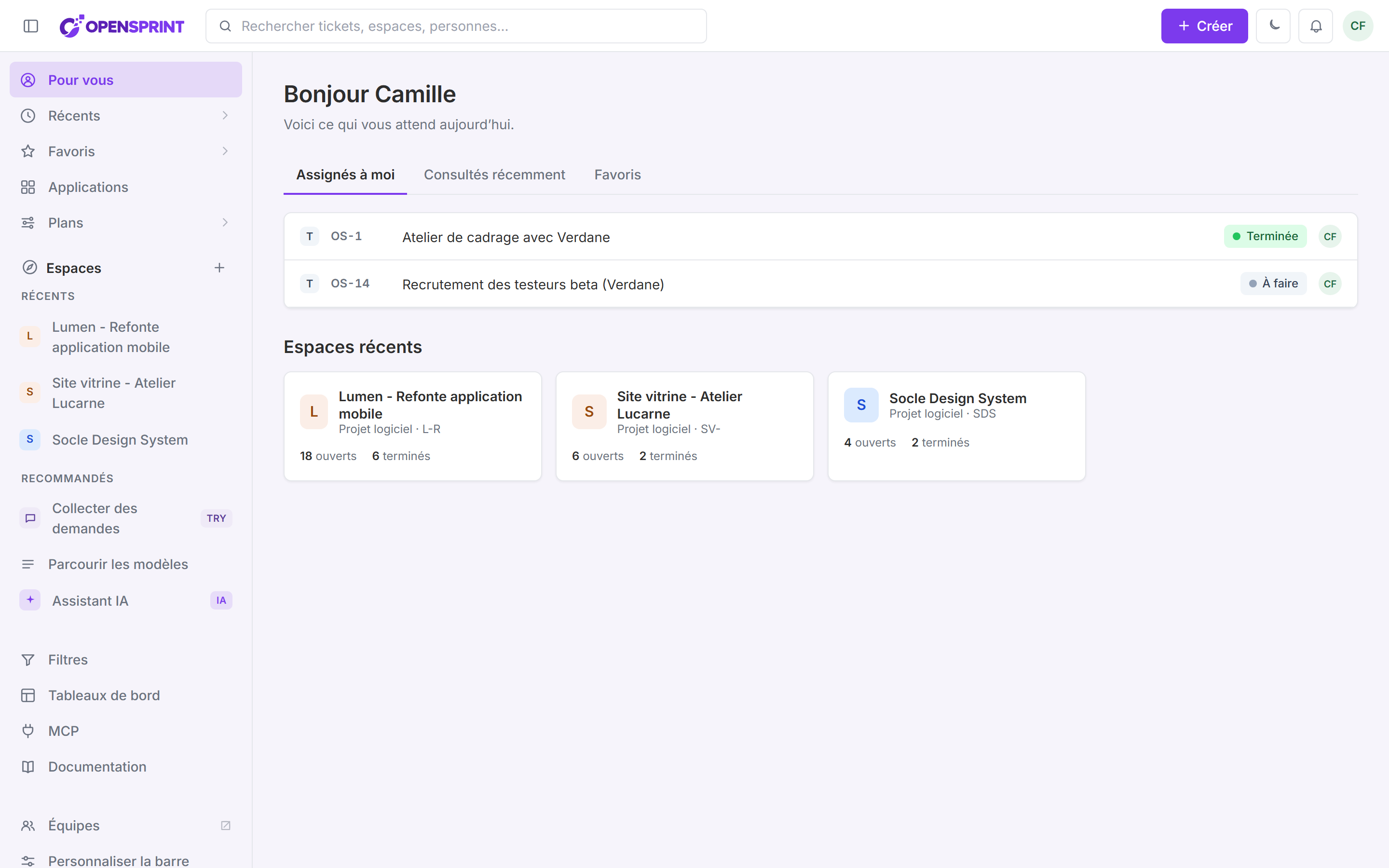 Accueil d'OpenSprint : salutation « Bonjour Camille », les trois onglets Assignés à moi, Consultés récemment et Favoris, et en dessous la grille des espaces récents dont Lumen - Refonte application mobile.