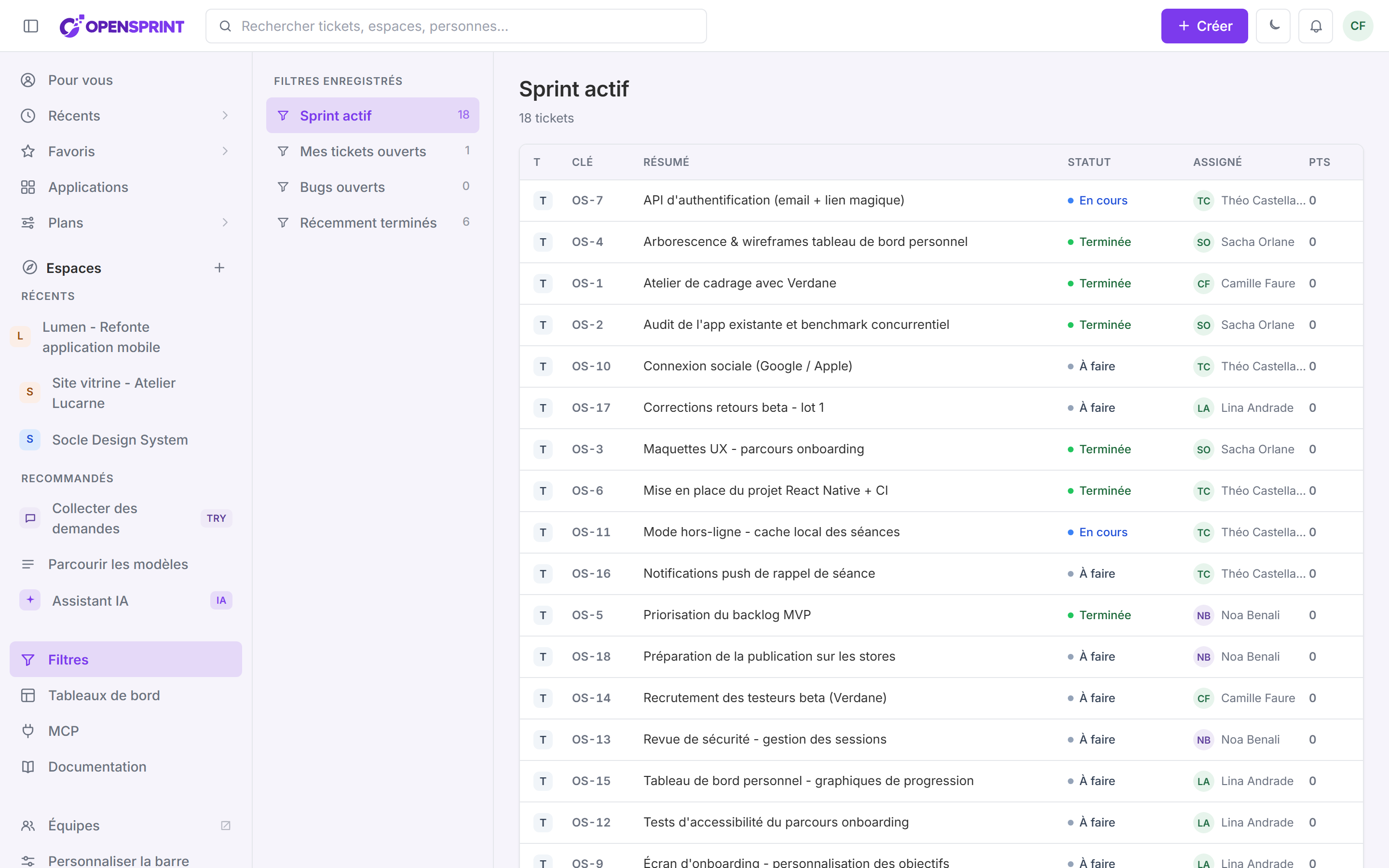 Vue Liste avec le panneau « Filtres enregistrés » à gauche (Sprint actif sélectionné) et, à droite, le tableau des tickets du sprint actif avec leurs statuts et assignés.