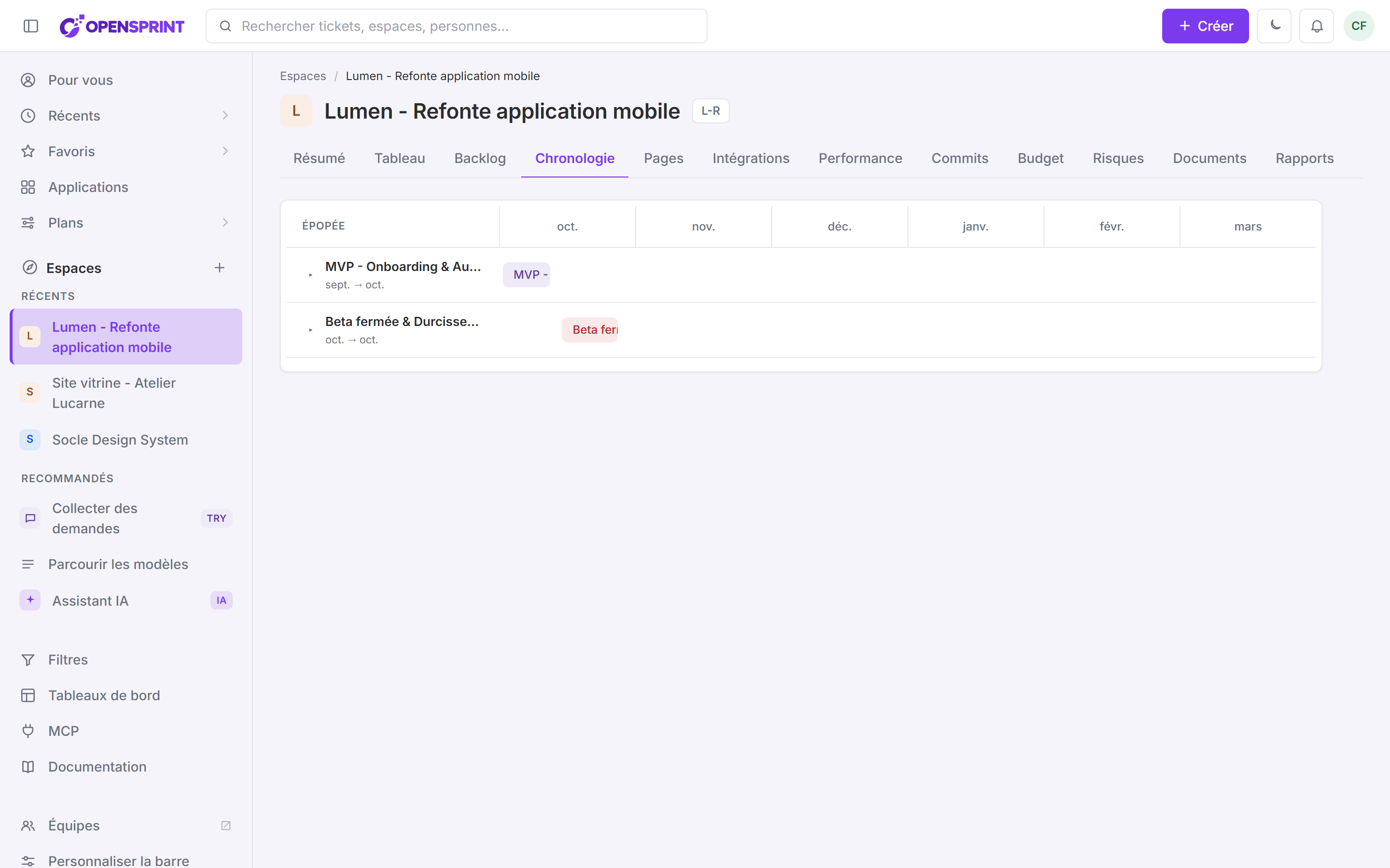 Chronologie de l'espace Lumen : les sprints « MVP - Onboarding & Authentification » et « Beta fermée & Durcissement » positionnés sur un axe de mois ; le sprint déjà terminé « Cadrage & Design » n'y figure plus.