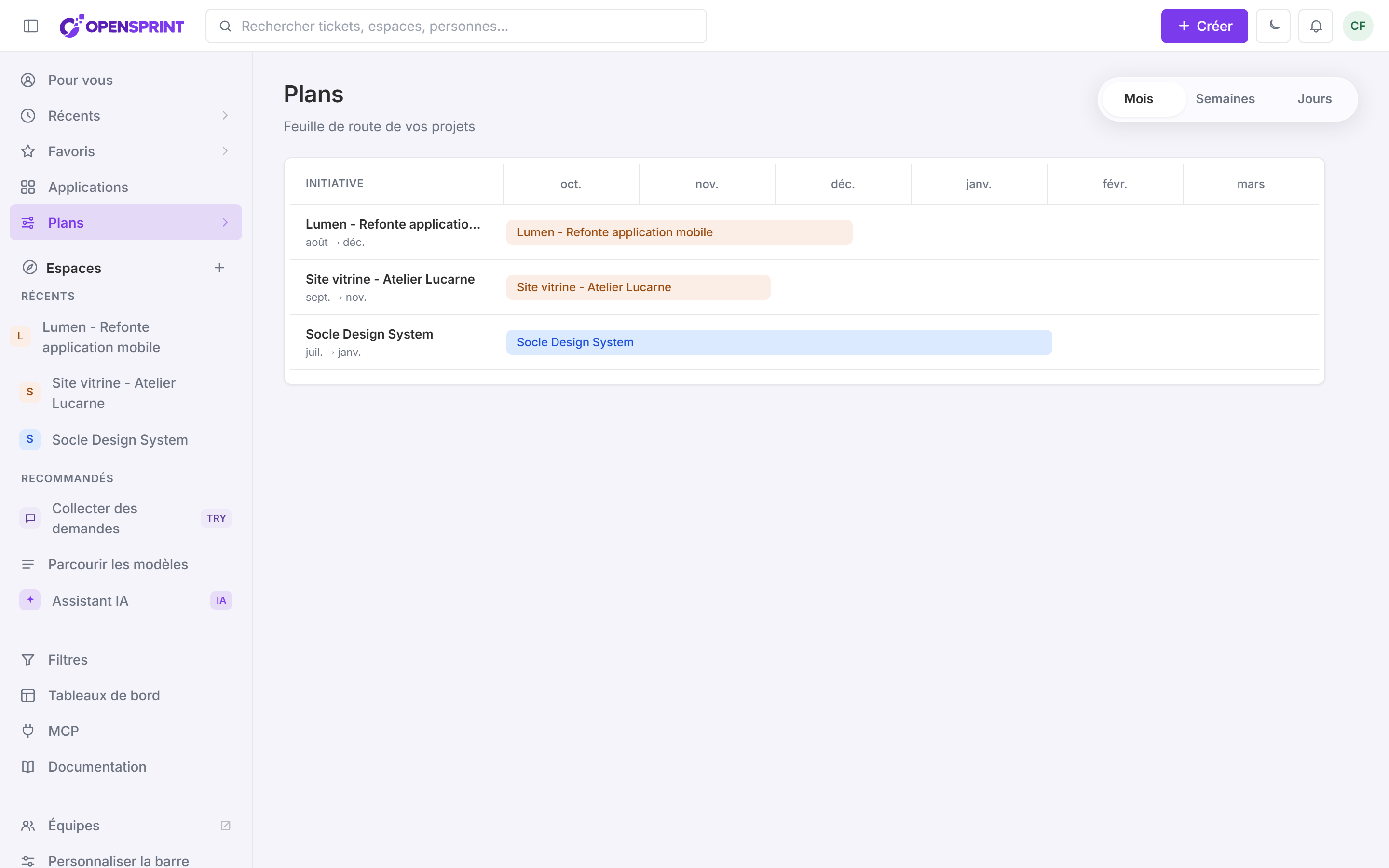 Vue Plans : feuille de route de tous les projets de l'agence, dont Lumen - Refonte application mobile, avec le sélecteur de granularité Mois / Semaines / Jours en haut à droite.