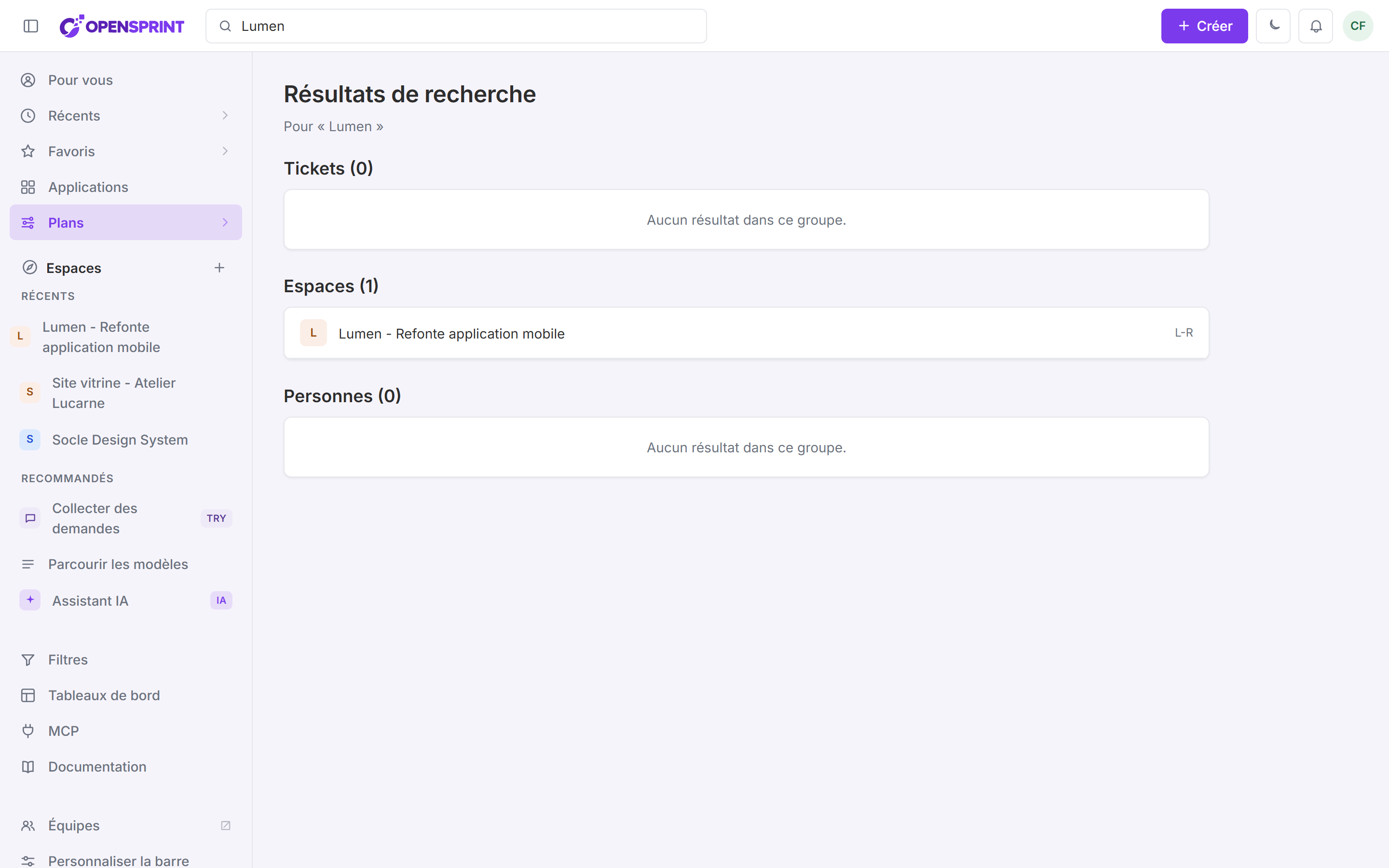 Résultats de recherche globale pour « Lumen », affichés en trois groupes : Tickets, Espaces et Personnes, chacun avec son compteur de résultats.